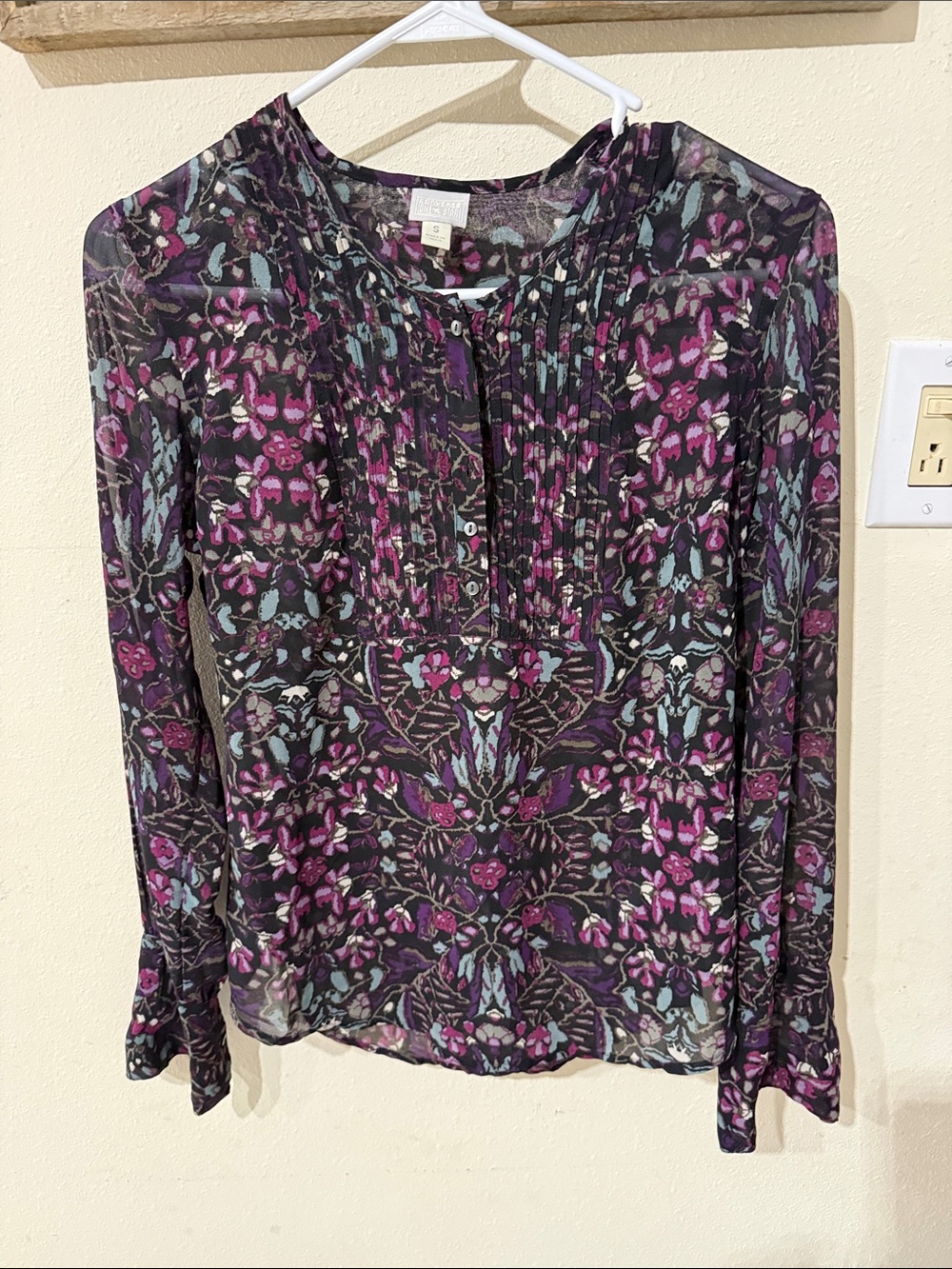 Converse Women's Floral Semi Sheer Pintuck Blouse - Black, Purple & Teal